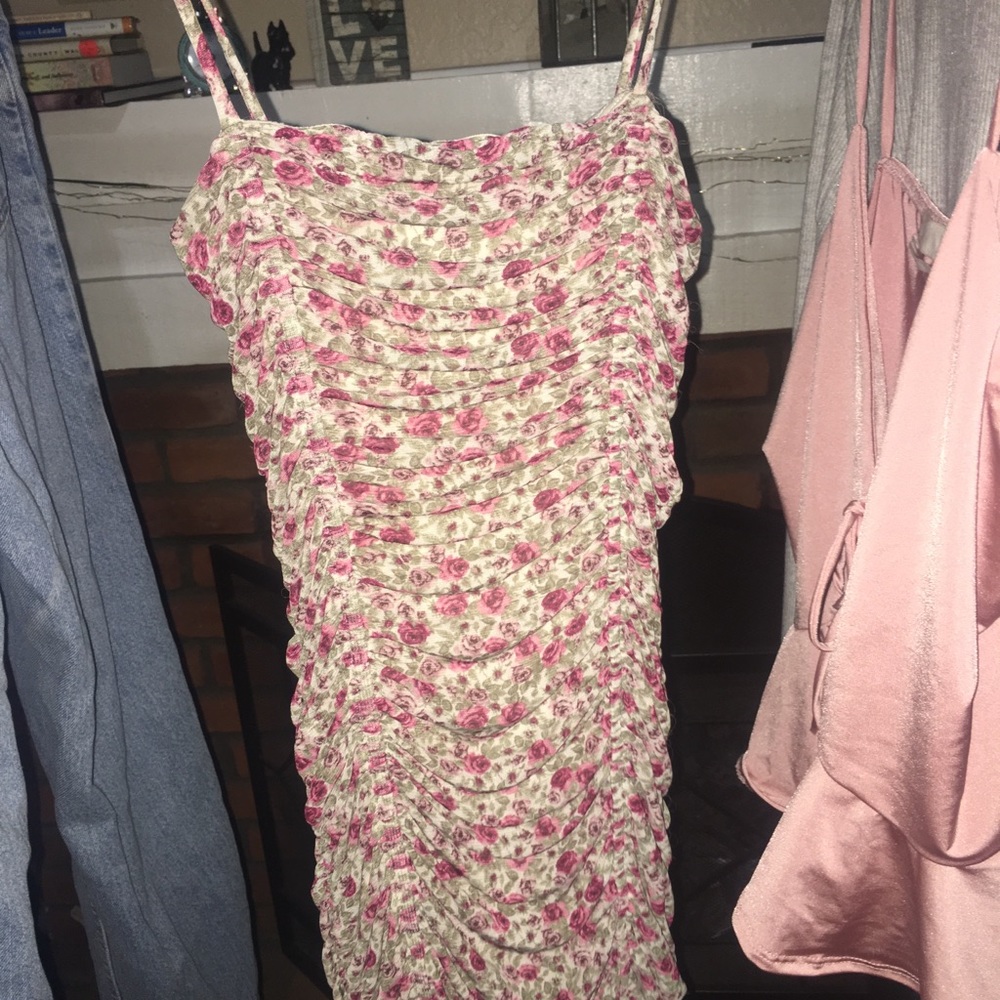 ruched rose print mini dress